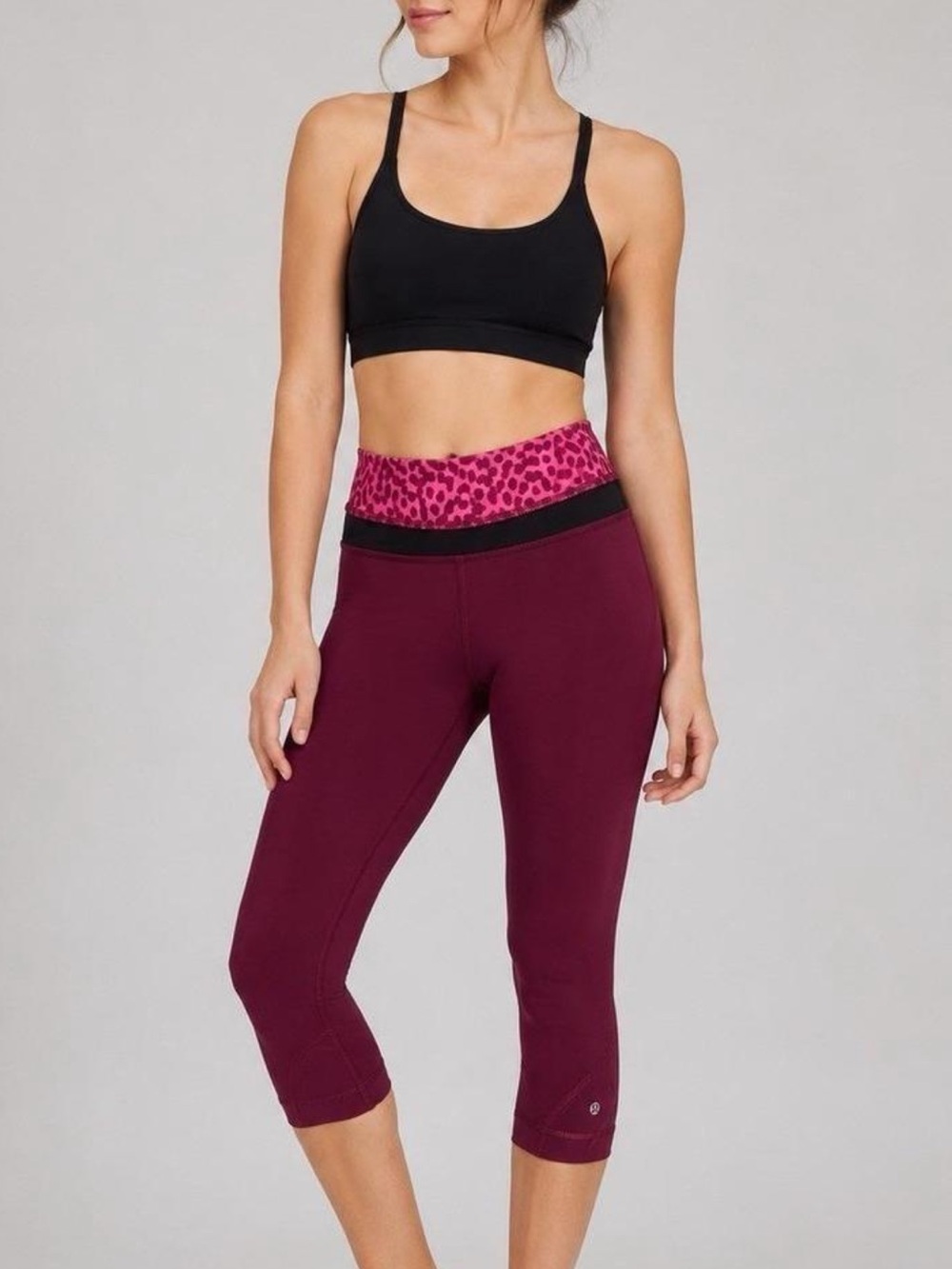 lululemon athletica Maroon Capri Leggings with Pink Leopard Waistband